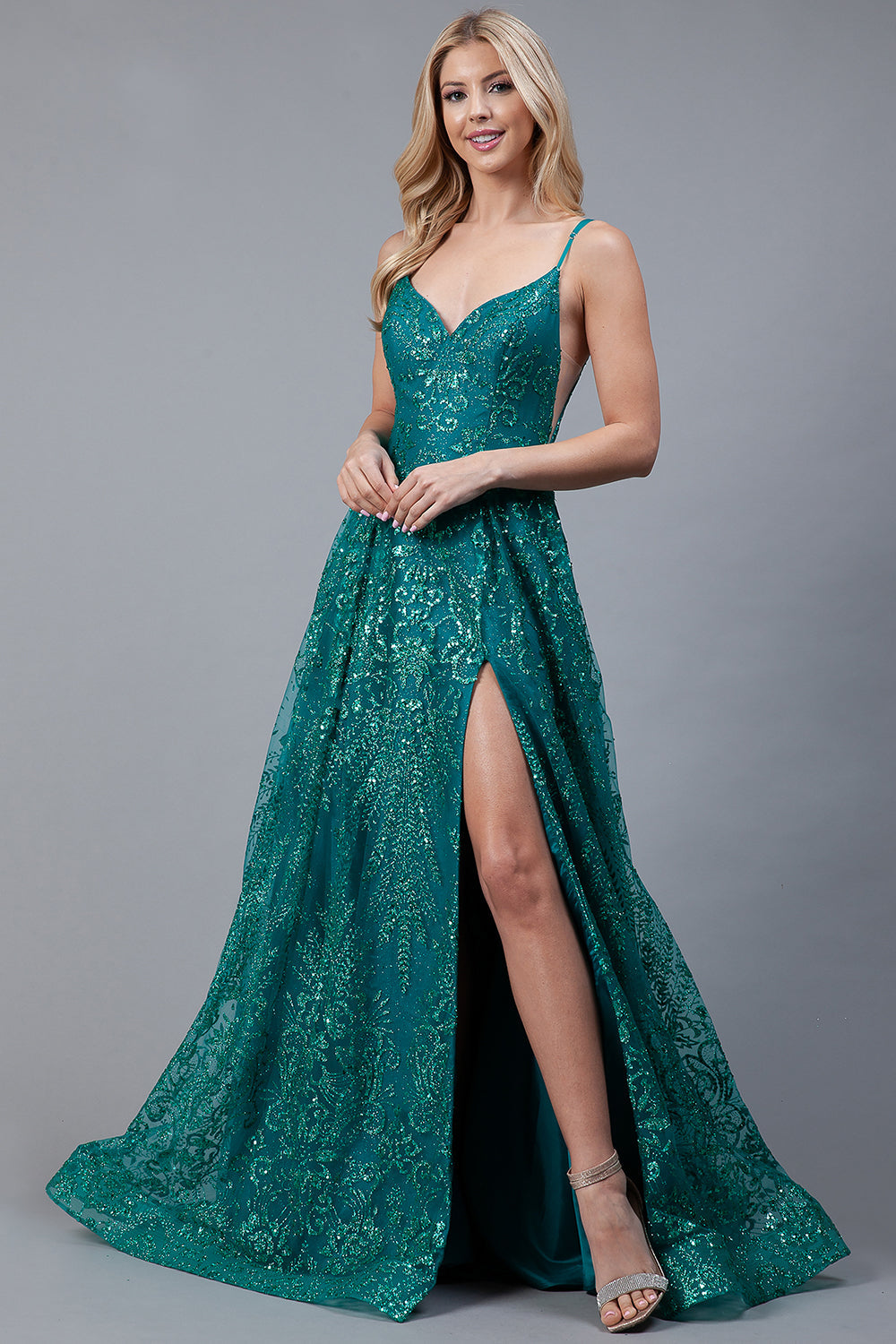 Glitter Embroidererd Lace Side Slit Open V-Back Long Prom Dress ACEL010-4