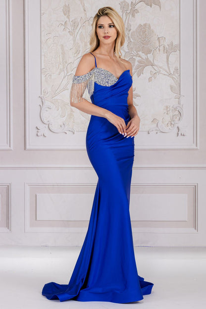 Spaghetti Straps High Side Slit Embellished Jewel Long Prom Dress -4