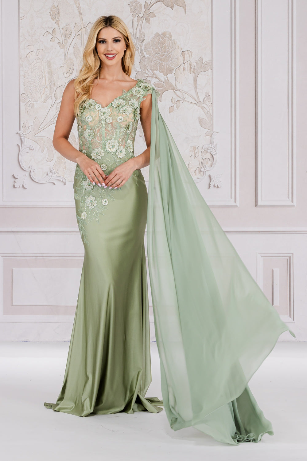 Strap One Shoulder 3D Floral Applique Mermaid Long Evening & Prom Dress AC388-8