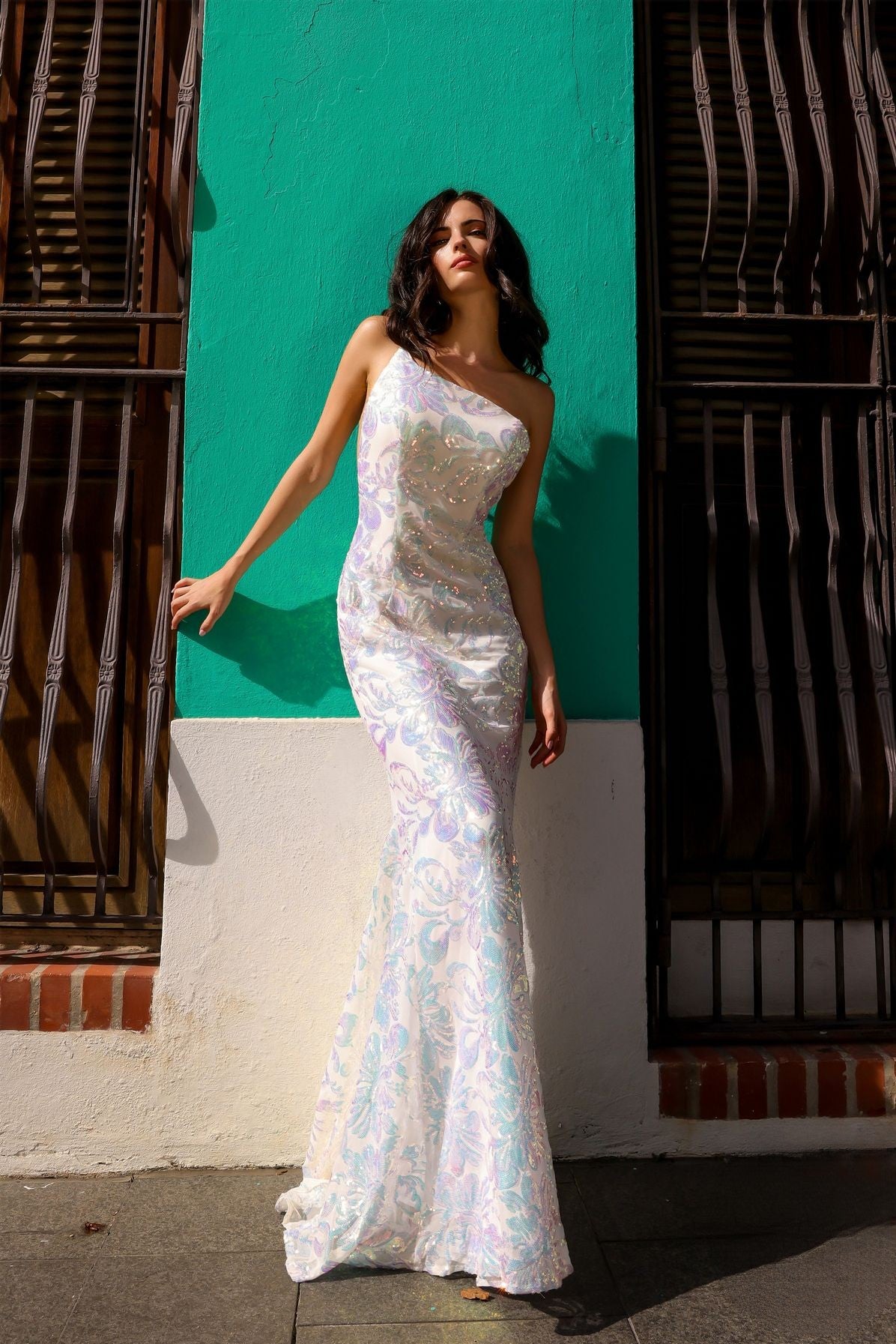 One Shoulder Embroidered Sequin Mermaid Long Formal Dress -9