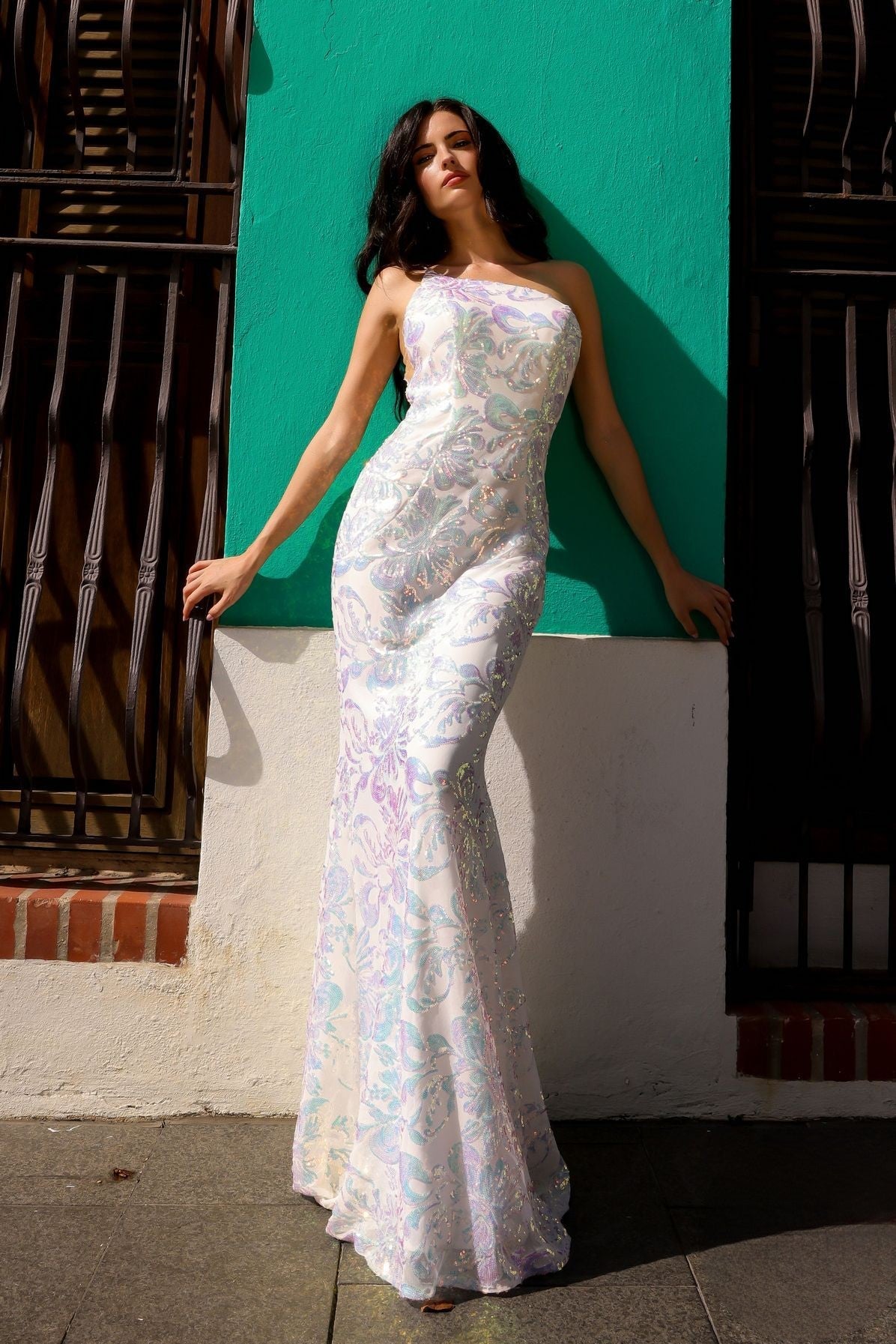 One Shoulder Embroidered Sequin Mermaid Long Formal Dress -8