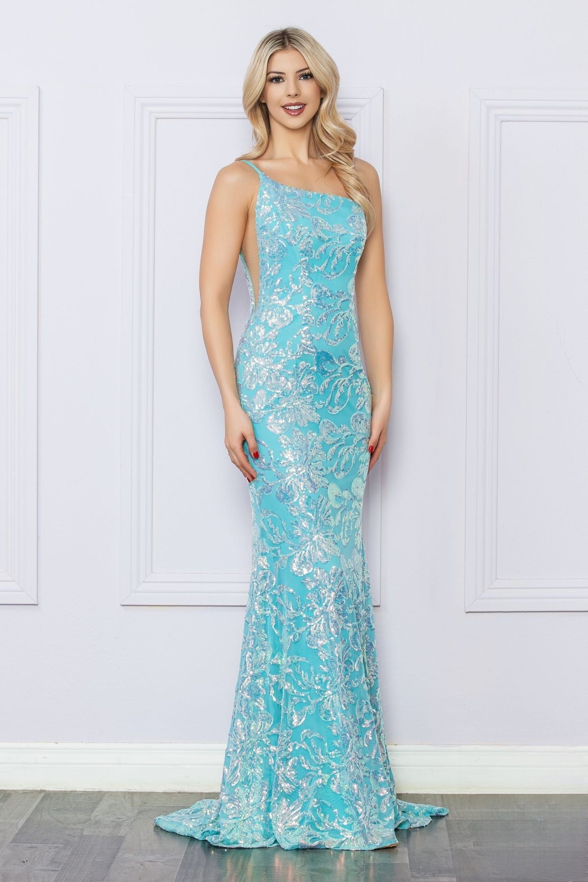 One Shoulder Embroidered Sequin Mermaid Long Formal Dress -6