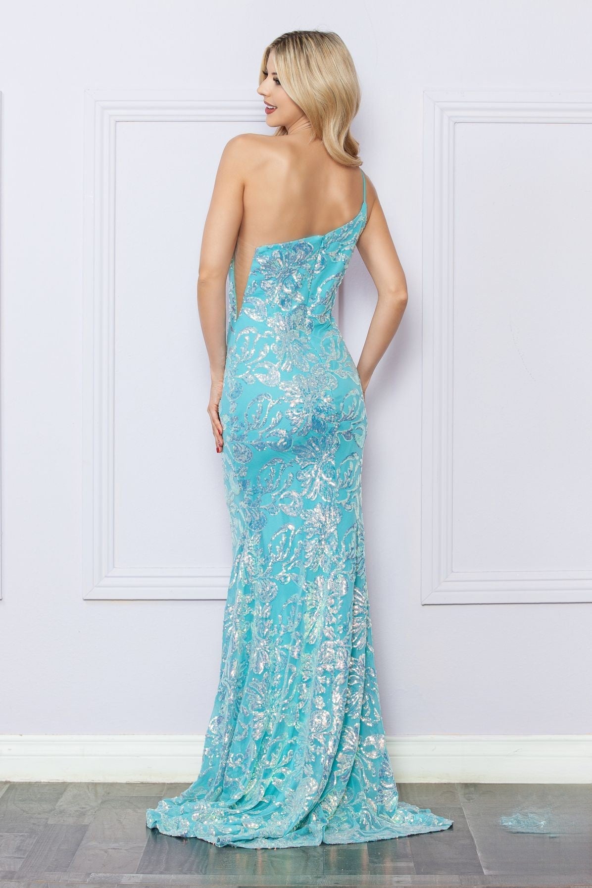 One Shoulder Embroidered Sequin Mermaid Long Formal Dress -7
