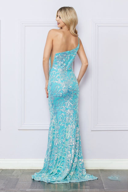 One Shoulder Embroidered Sequin Mermaid Long Formal Dress -7