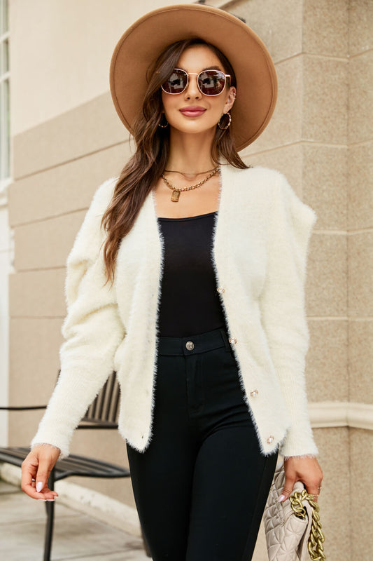 Puff Sleeve V-Neck Fuzzy Cardigan Posh Styles Apparel