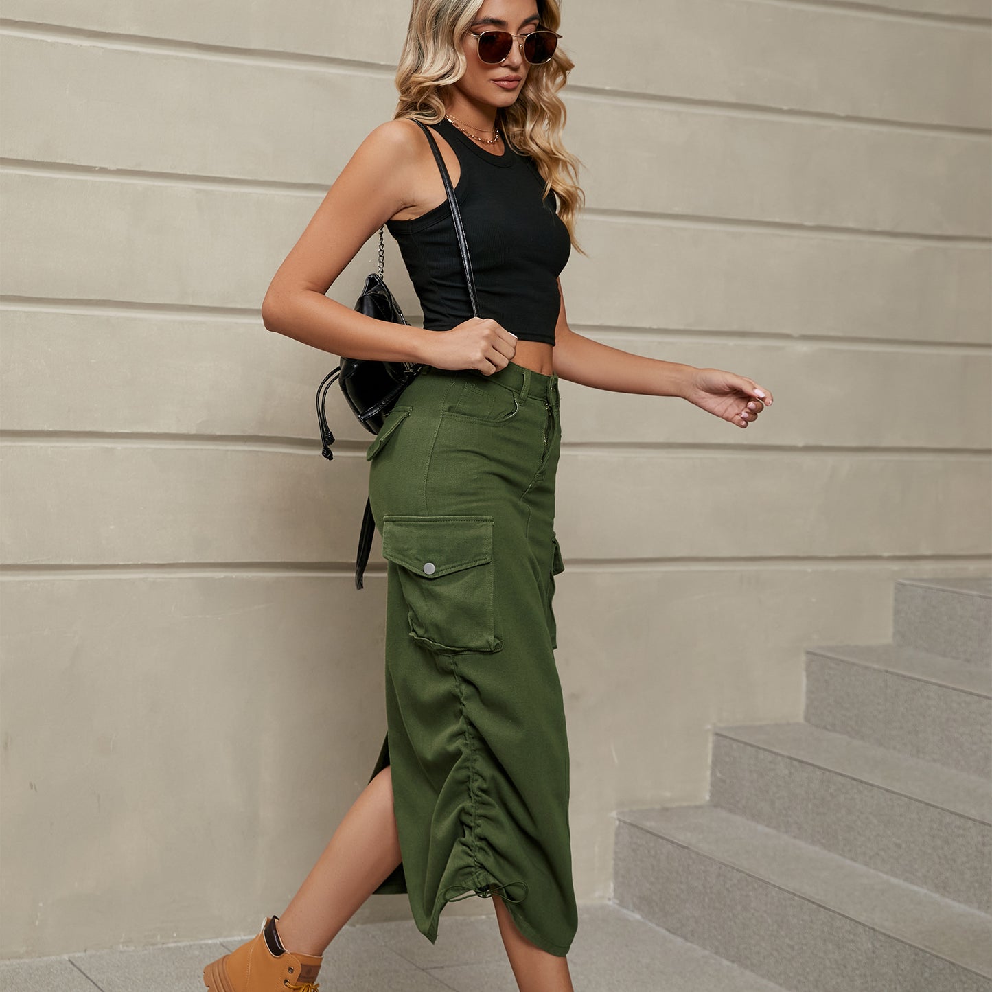 Drawstring Ruched Slit Denim Midi Skirt Posh Styles Apparel