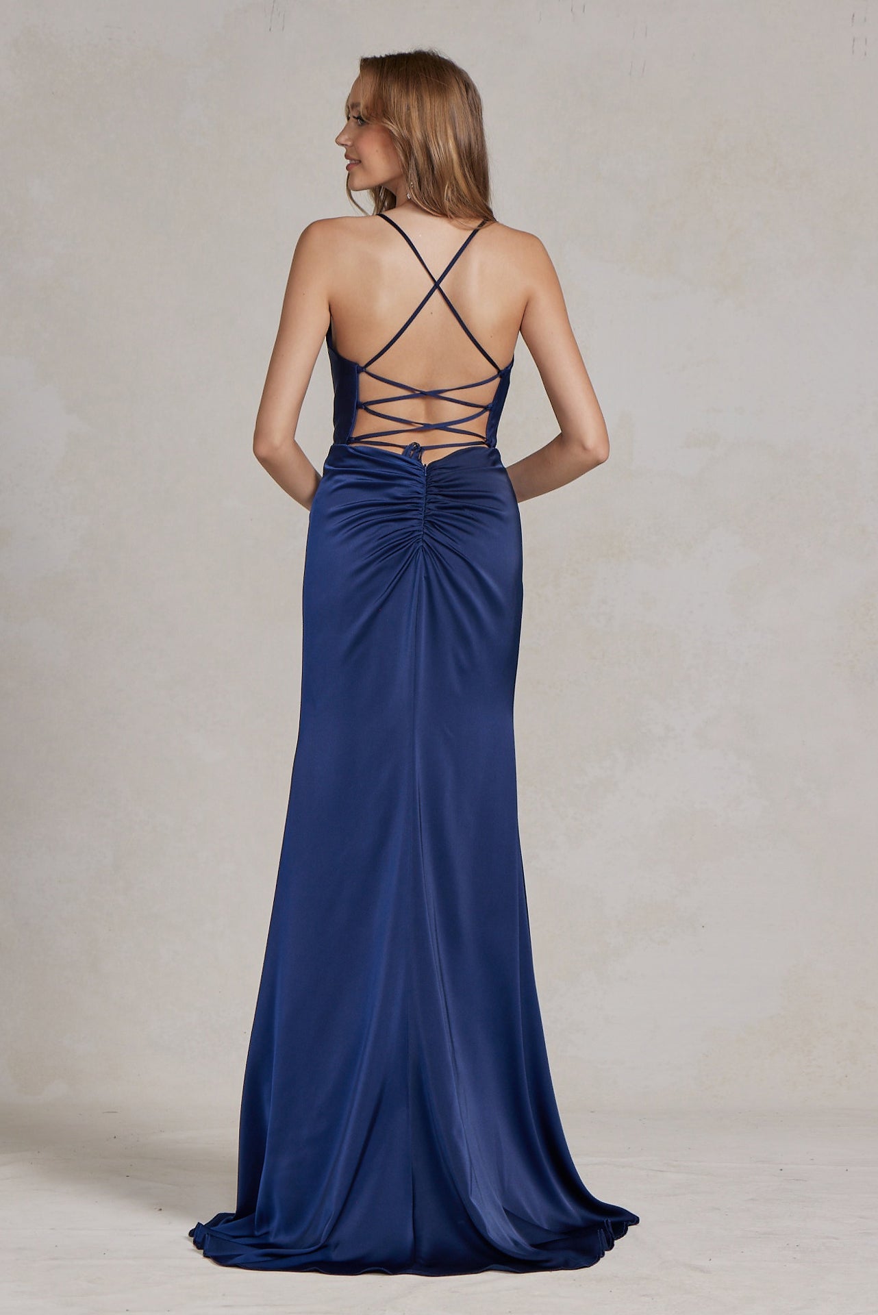 Side Slit Cowl Neck Satin Open Criss Cross Back Long Formal Evening Dress -3