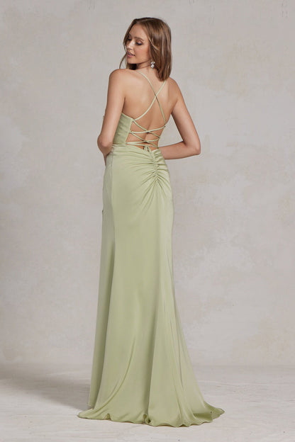 Side Slit Cowl Neck Satin Open Criss Cross Back Long Formal Evening Dress -6