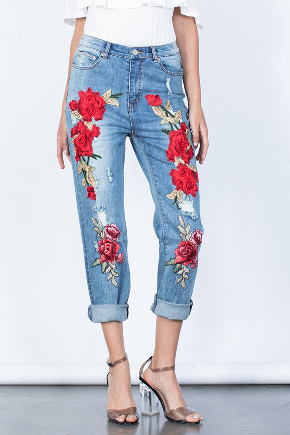 Full Size Flower Embroidery Buttoned JeansStraight Leg Jeans