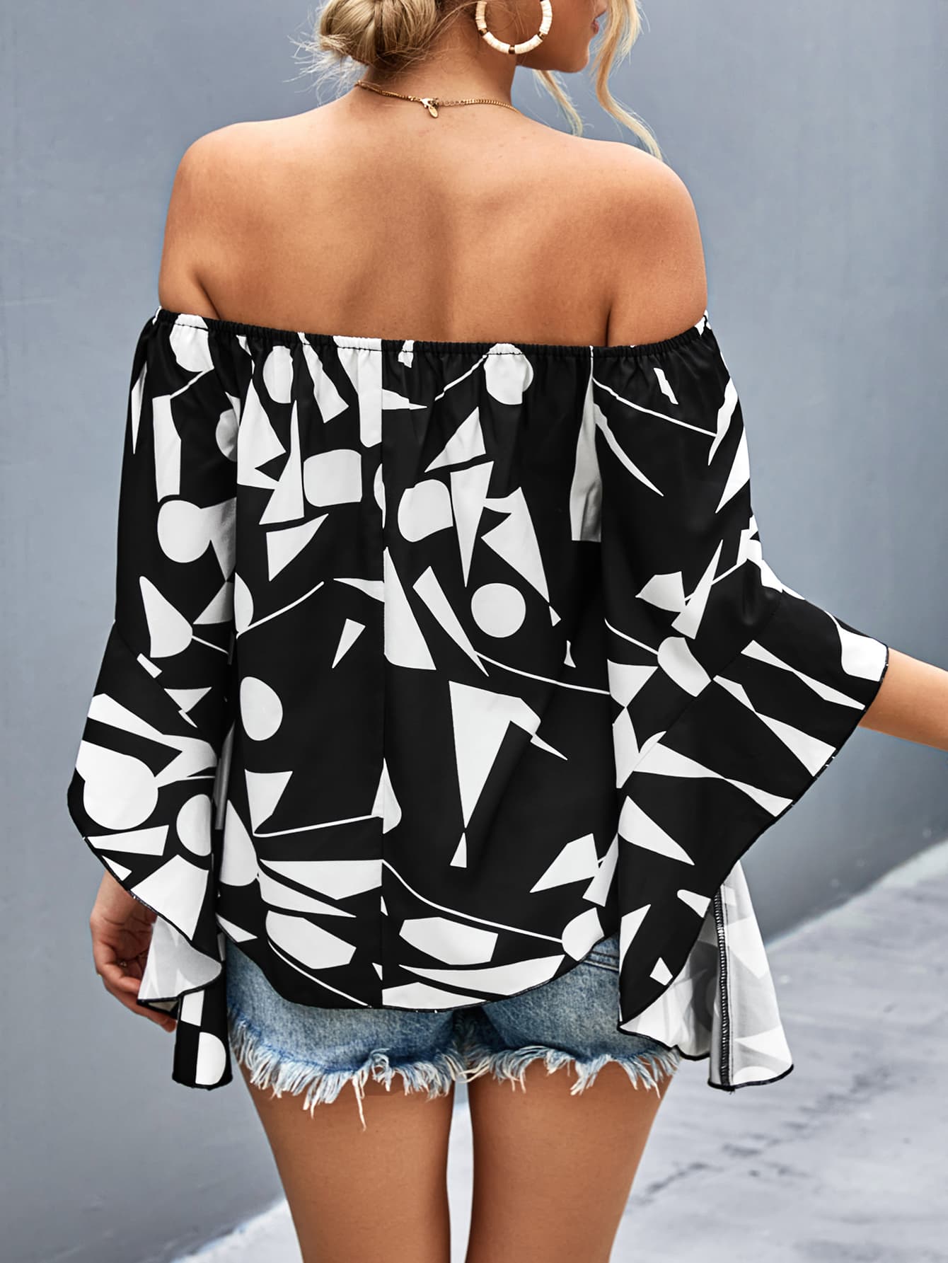 Printed Off-Shoulder Bell Sleeve Blouse Posh Styles Apparel