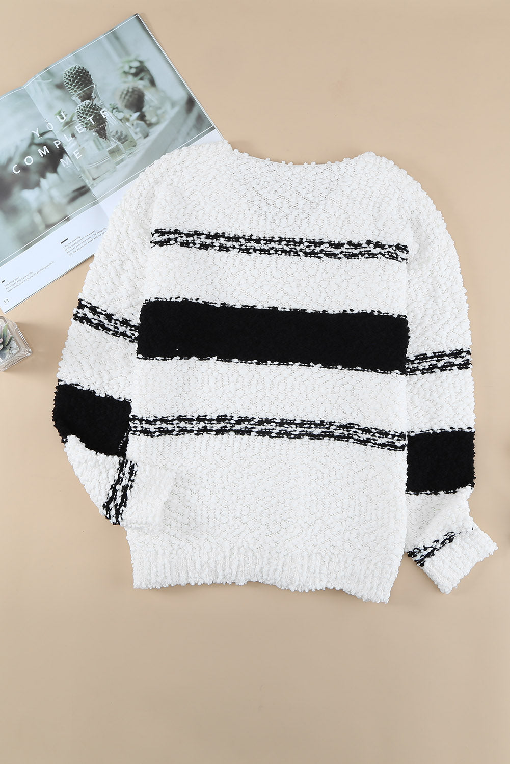 Striped V-Neck Popcorn Knit Sweater Posh Styles Apparel