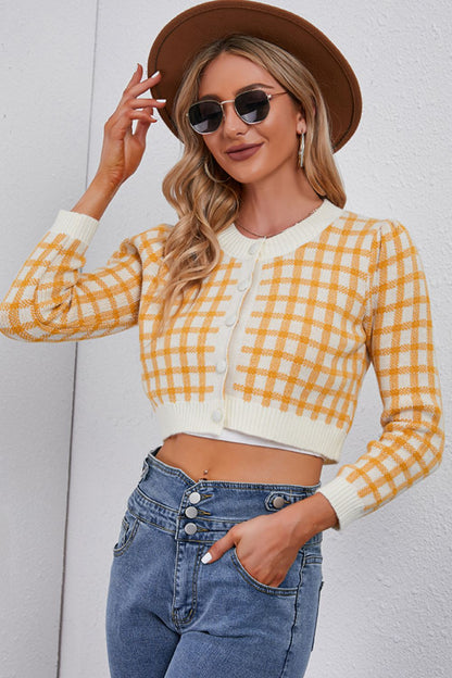 Plaid Buttoned Cropped Cardigan Posh Styles Apparel