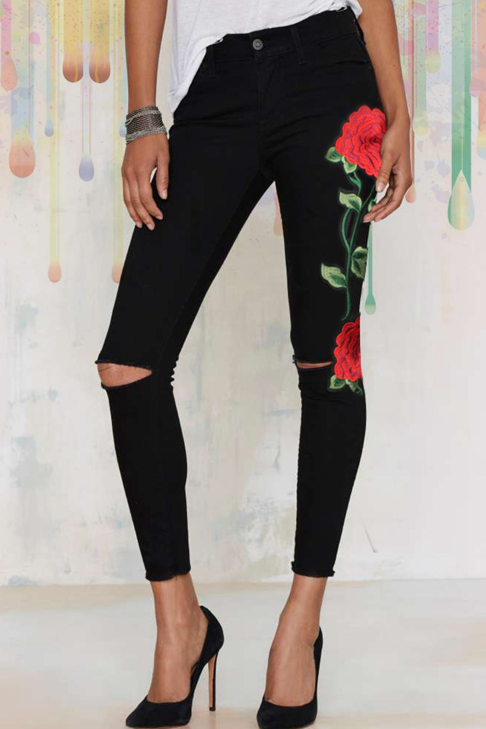 Full Size Rose Embroidery Cutout JeansSkinny Jeans