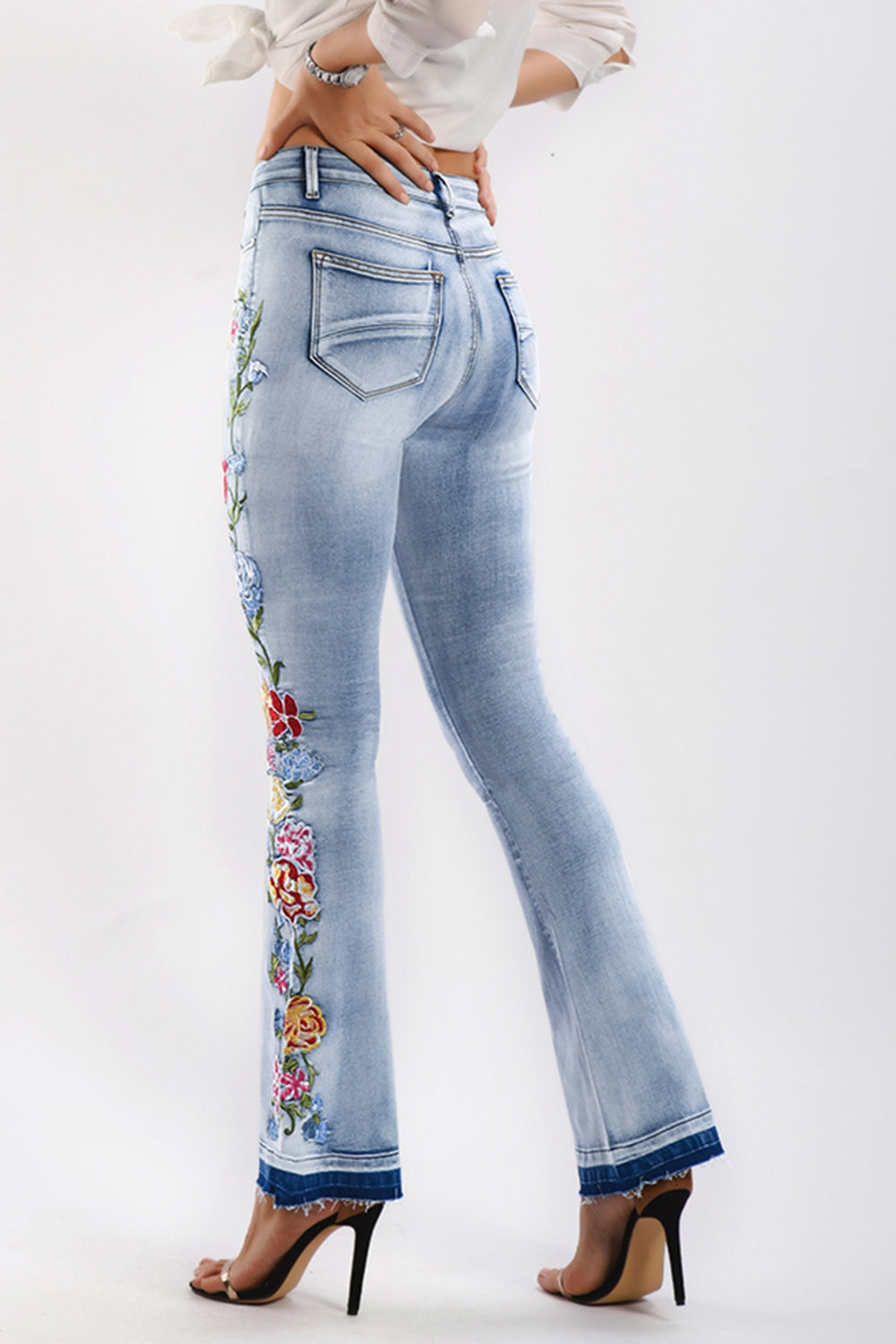 Full Size Flower Embroidery Wide Leg JeansFlare Jeans