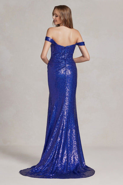 Off Shoulder Embroidered Sequins Open Back Long Evening Dress -2