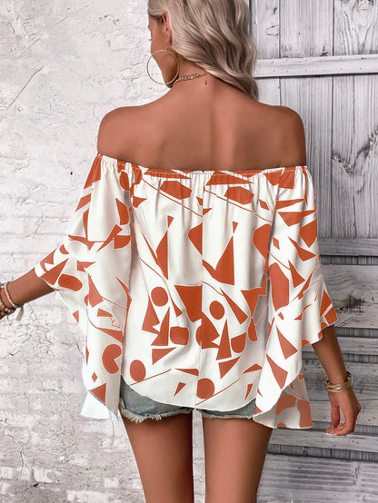 Printed Off-Shoulder Bell Sleeve Blouse Posh Styles Apparel