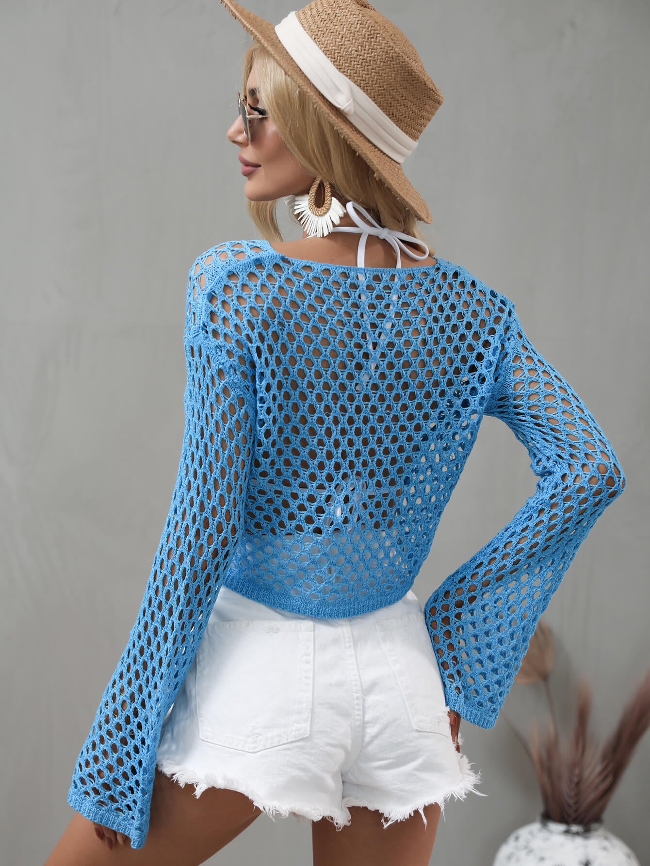 Openwork Flare Sleeve Cropped Cover Up Posh Styles Apparel
