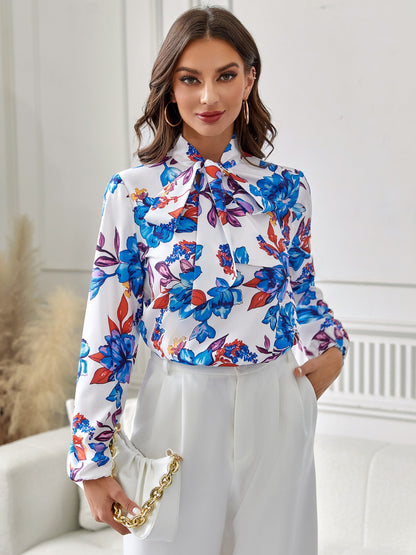 Floral Tie Neck Long Sleeve Blouse