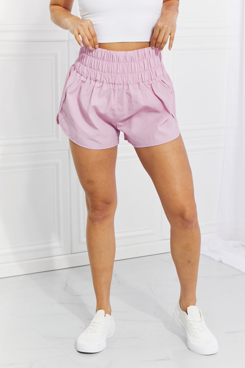 Zenana Cross Country Smocked Waist Running Shorts in Pink Posh Styles Apparel