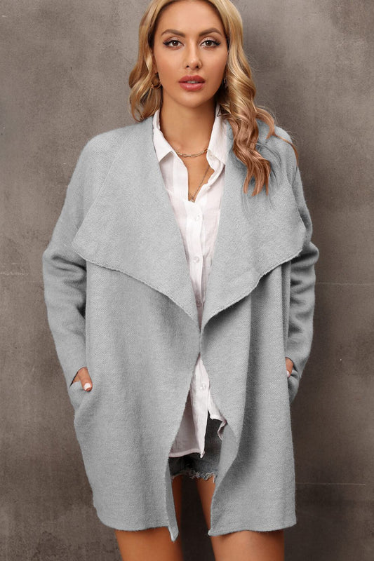 Waterfall Collar Longline Cardigan with Side Pockets Posh Styles Apparel