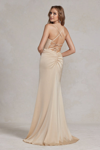 Side Slit Cowl Neck Satin Open Criss Cross Back Long Formal Evening Dress -11