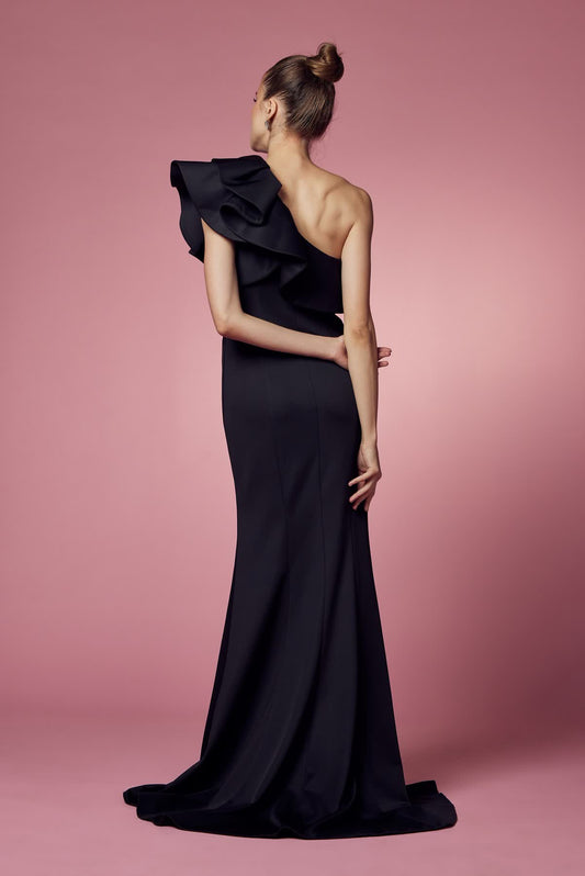 One Shoulder Ruffle Overlay Trumpet Long Formal Dress -6