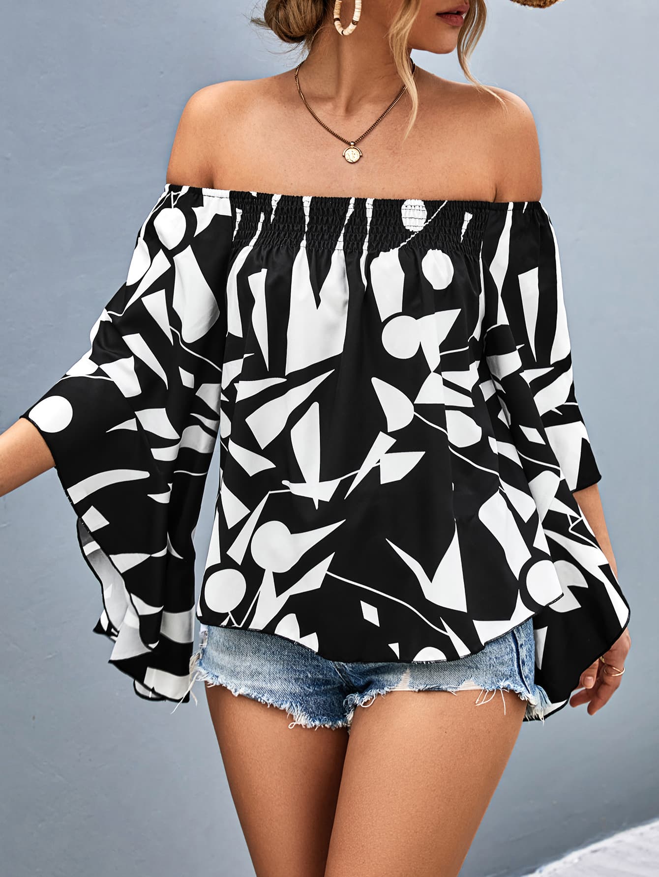 Printed Off-Shoulder Bell Sleeve Blouse Posh Styles Apparel