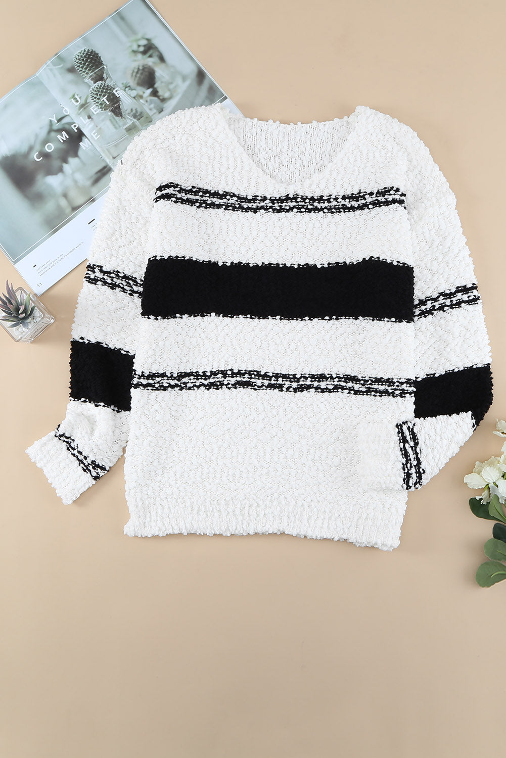 Striped V-Neck Popcorn Knit Sweater Posh Styles Apparel