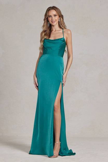 Side Slit Cowl Neck Satin Open Criss Cross Back Long Formal Evening Dress -12