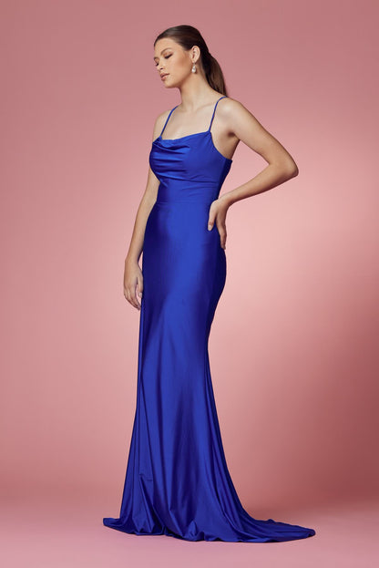 Satin Cowl Neck Open Criss Cross Back Long Formal Evening Dress-8