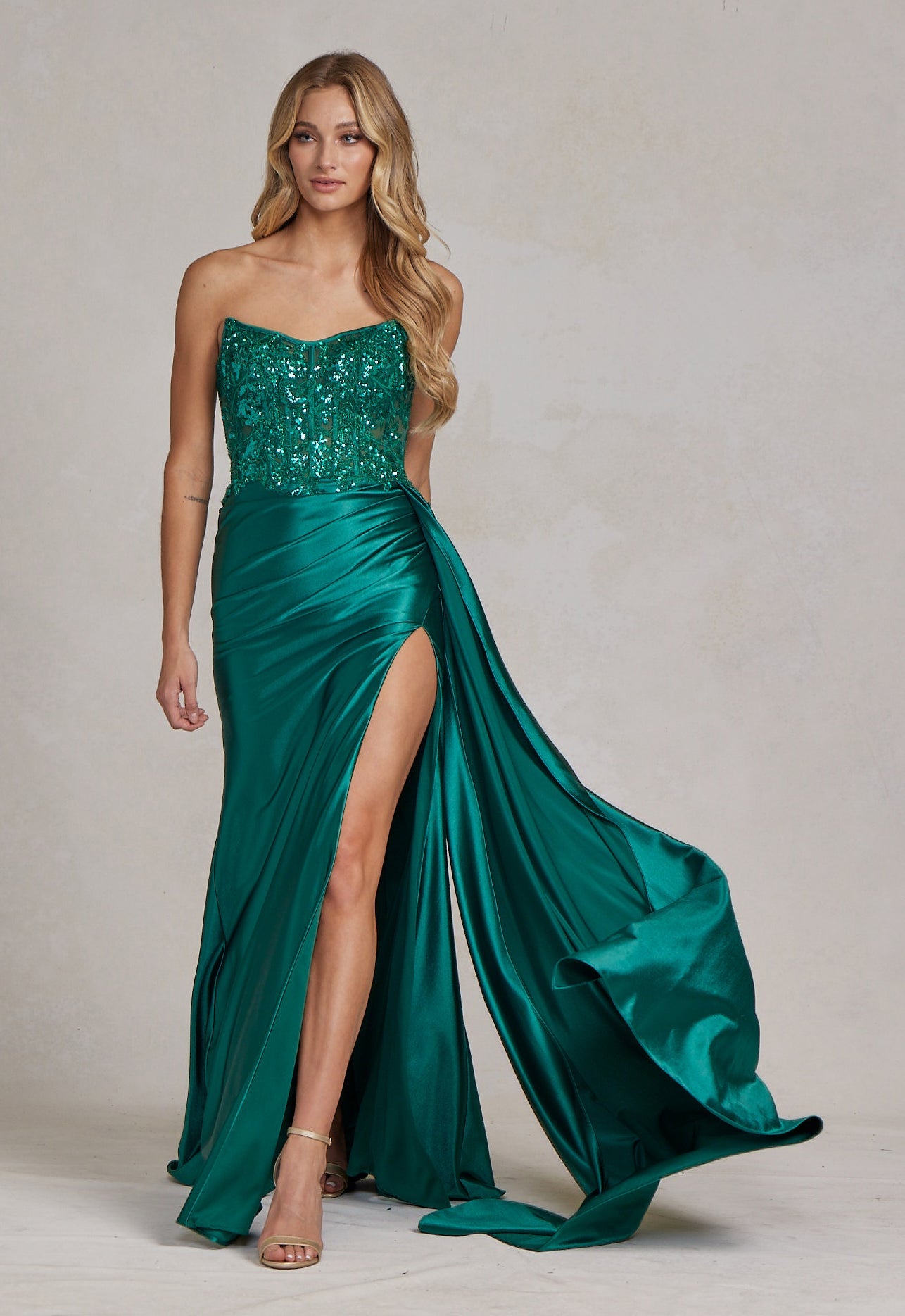 Satin Skirt Side Slit Embroidered Bodice Strapless Long Evening Dress NXE1174-7