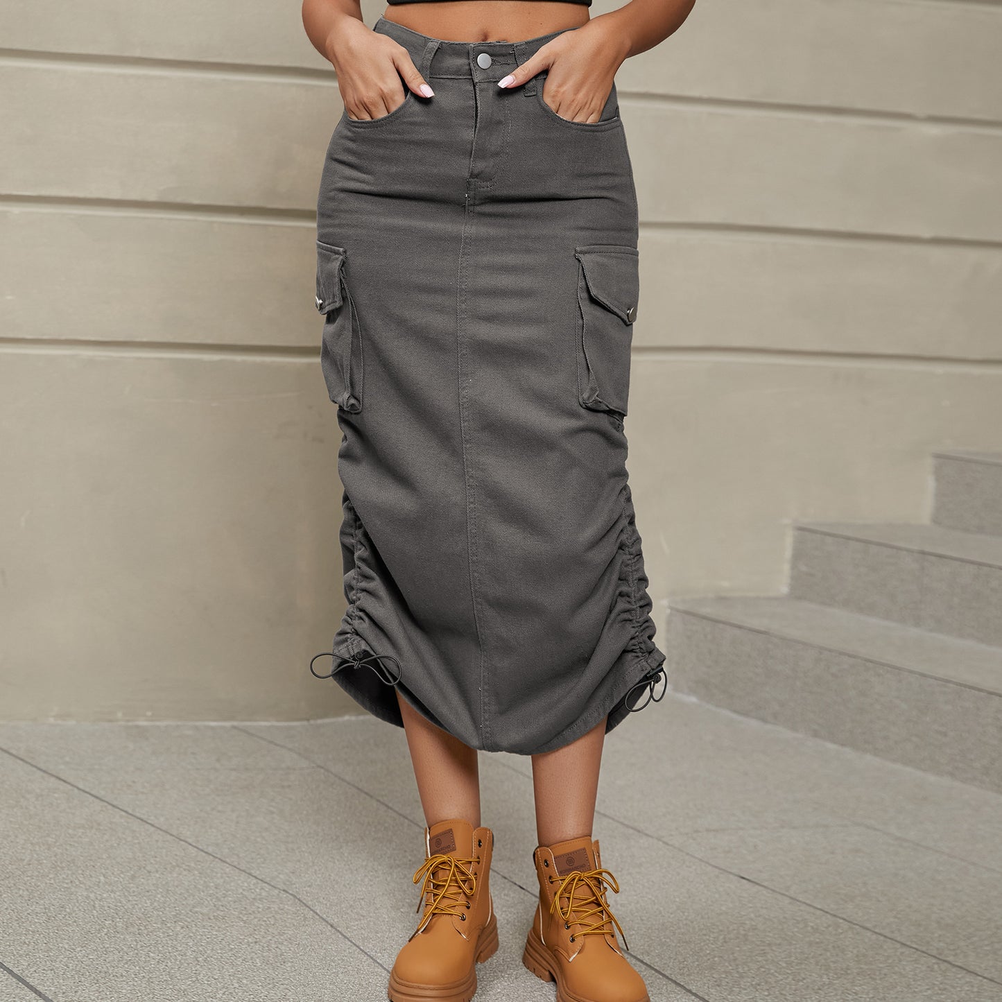 Drawstring Ruched Slit Denim Midi Skirt Posh Styles Apparel