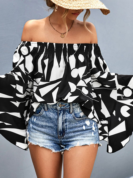 Printed Off-Shoulder Bell Sleeve Blouse Posh Styles Apparel