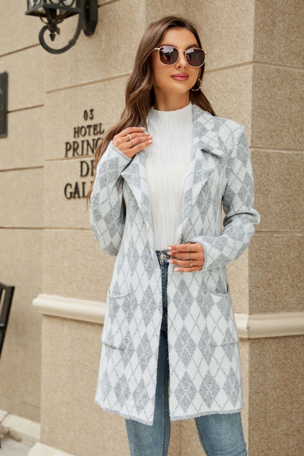 Printed Open Front Lapel Collar Cardigan With Pockets Posh Styles Apparel