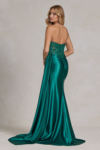 Satin Skirt Side Slit Embroidered Bodice Strapless Long Evening Dress NXE1174-8