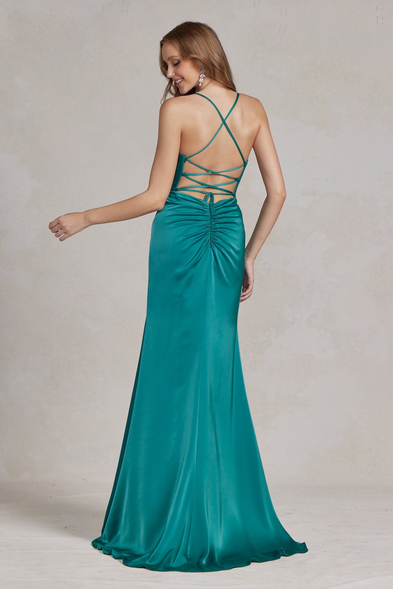 Side Slit Cowl Neck Satin Open Criss Cross Back Long Formal Evening Dress -14