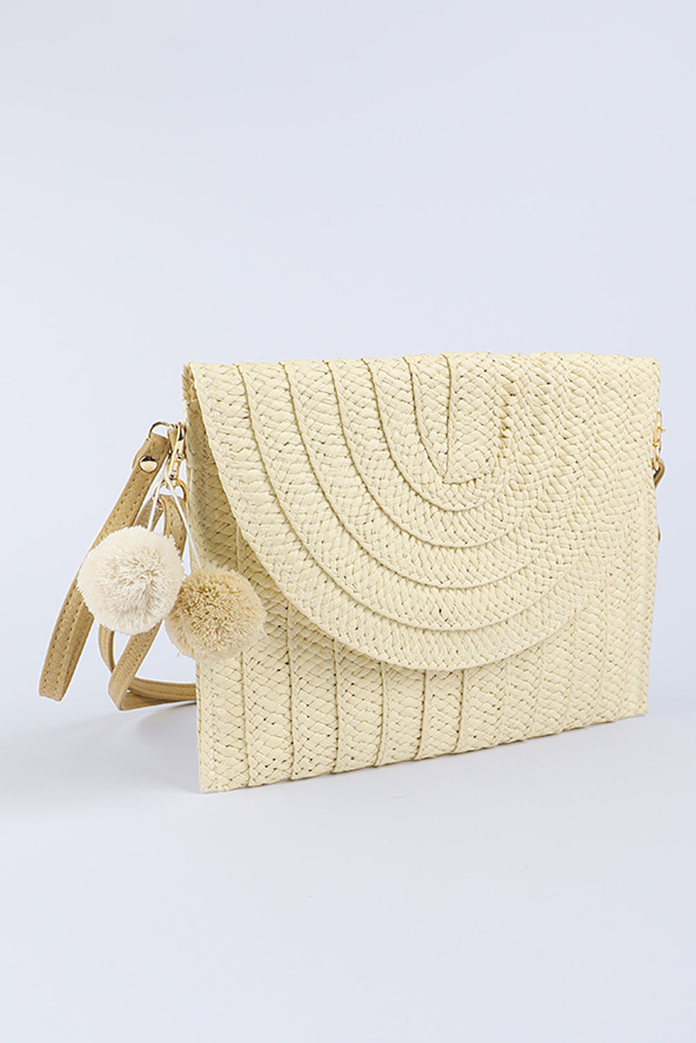 Beige Pom Pom Straw Woven Shoulder Bag Posh Styles Apparel