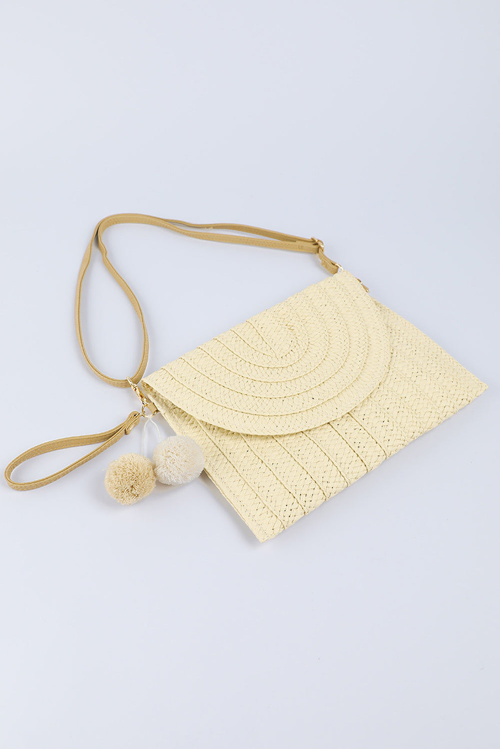 Beige Pom Pom Straw Woven Shoulder Bag Posh Styles Apparel