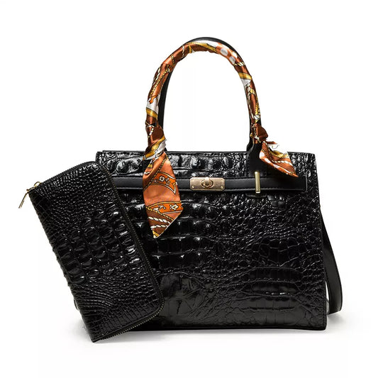 Marilyn Black PU Leather Handbag - 2 Piece Set Posh Styles Apparel