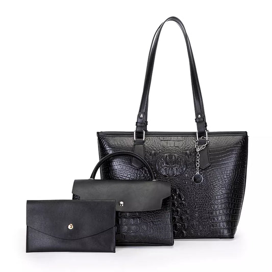 Emerson Black Faux Leather Crocodile Pattern 3 Piece Purse Set Posh Styles Apparel