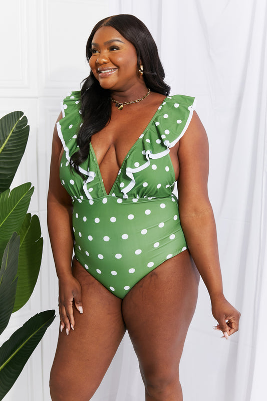 Marina West Swim Moonlit Dip Ruffle Plunge Swimsuit in Mid Green Posh Styles Apparel