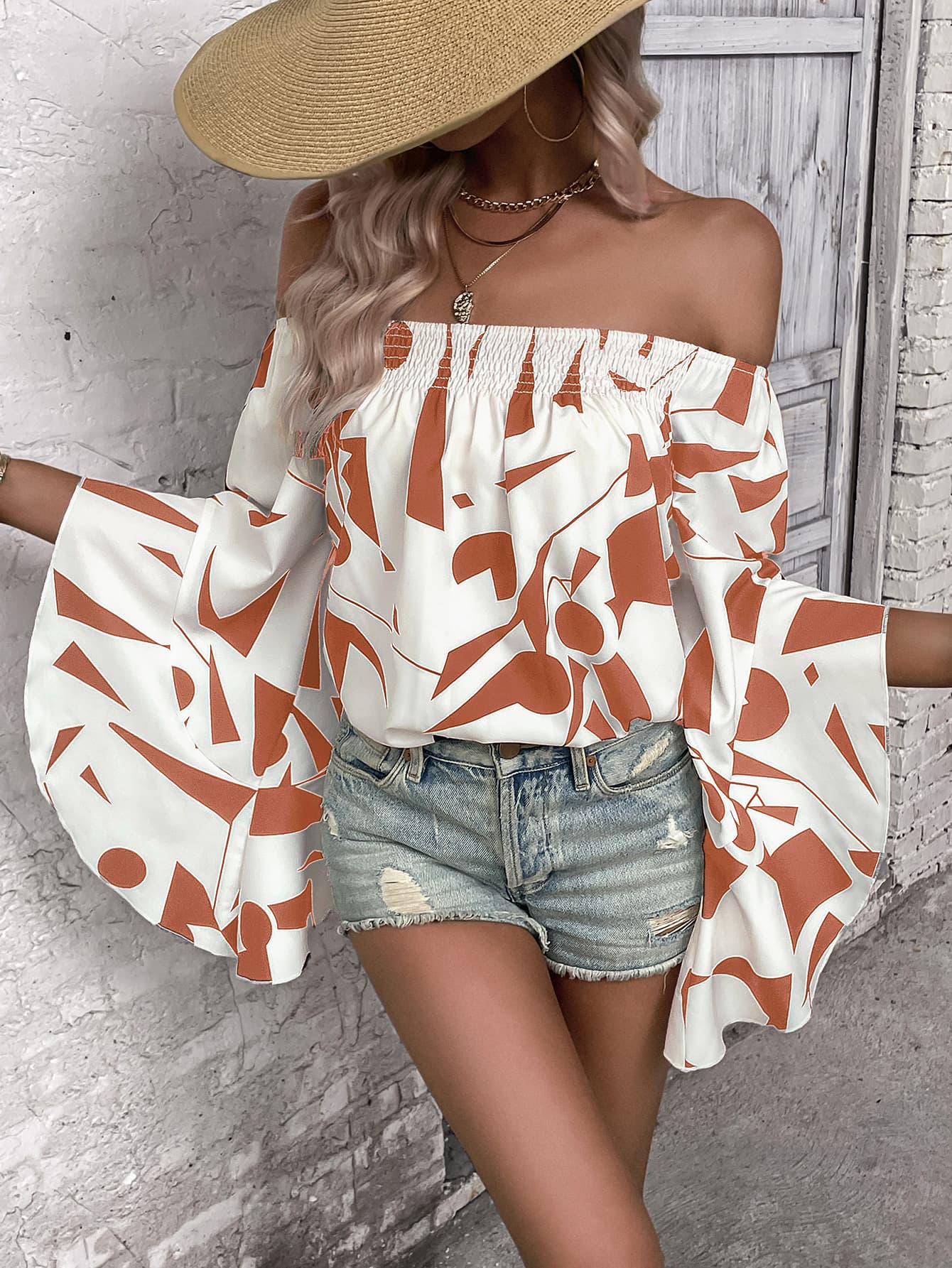 Printed Off-Shoulder Bell Sleeve Blouse Posh Styles Apparel