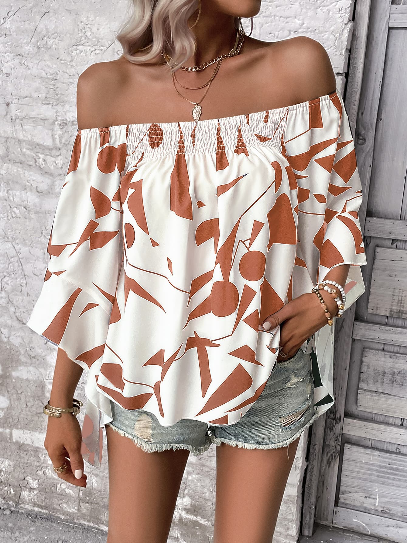 Printed Off-Shoulder Bell Sleeve Blouse Posh Styles Apparel