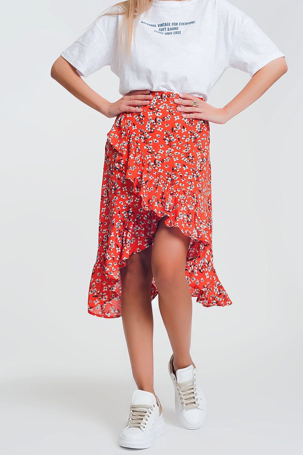 Q2 asymetric wrap printed red skirt