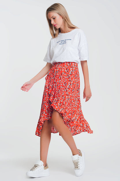 asymetric wrap printed red skirtSkirts