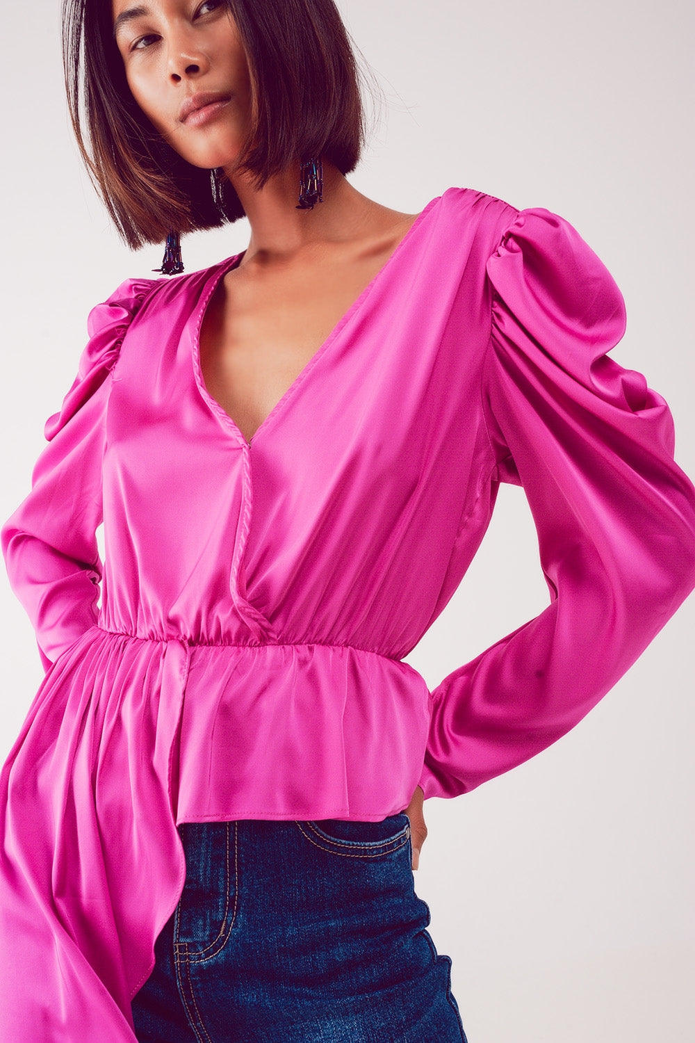 Asymmetric puff sleeve blouse in fuchsiaBlouses