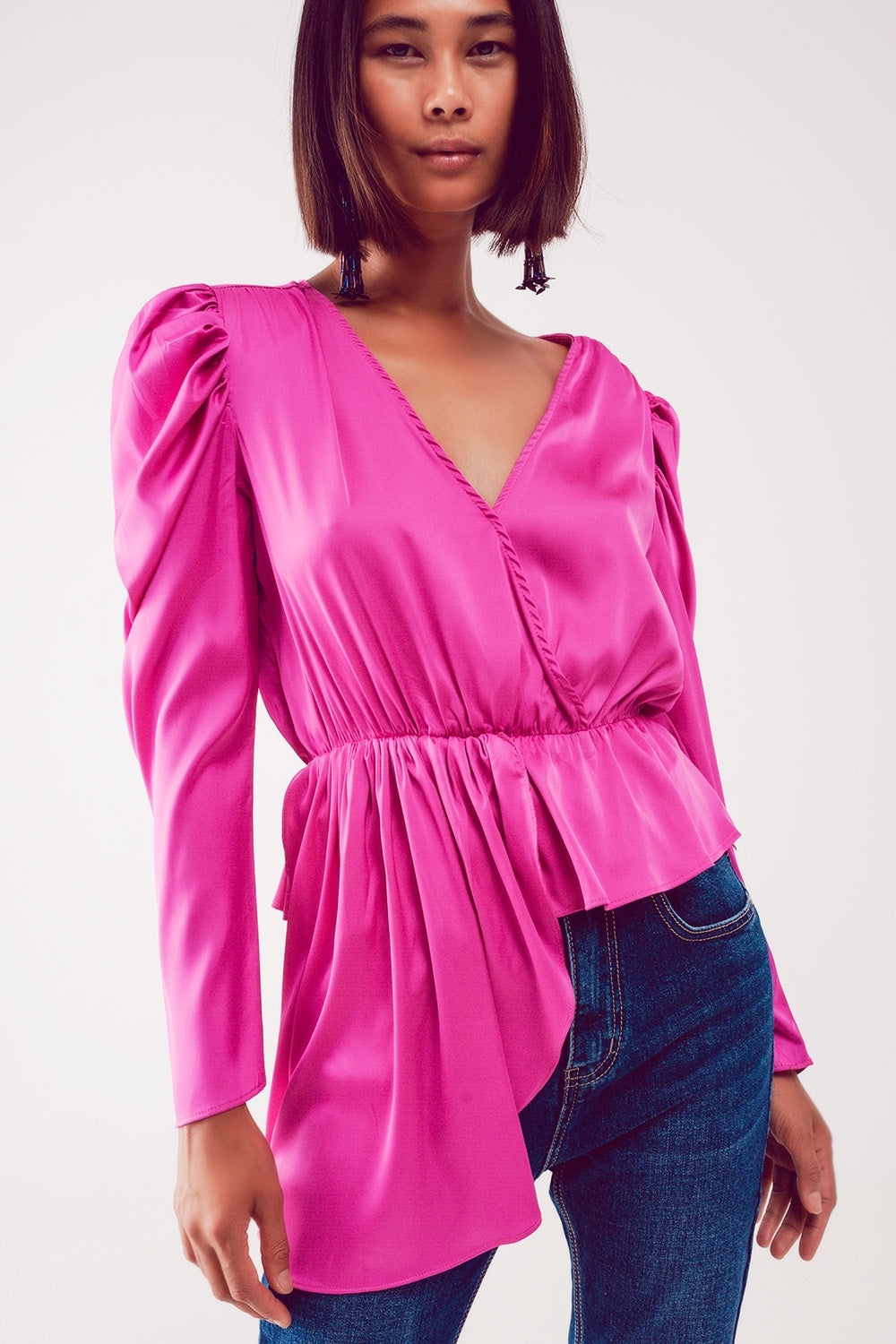 Asymmetric puff sleeve blouse in fuchsiaBlouses