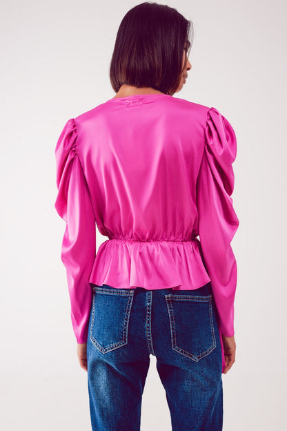 Asymmetric puff sleeve blouse in fuchsiaBlouses