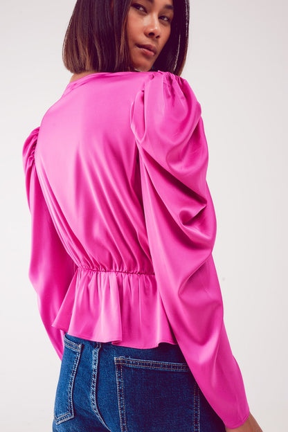 Asymmetric puff sleeve blouse in fuchsiaBlouses