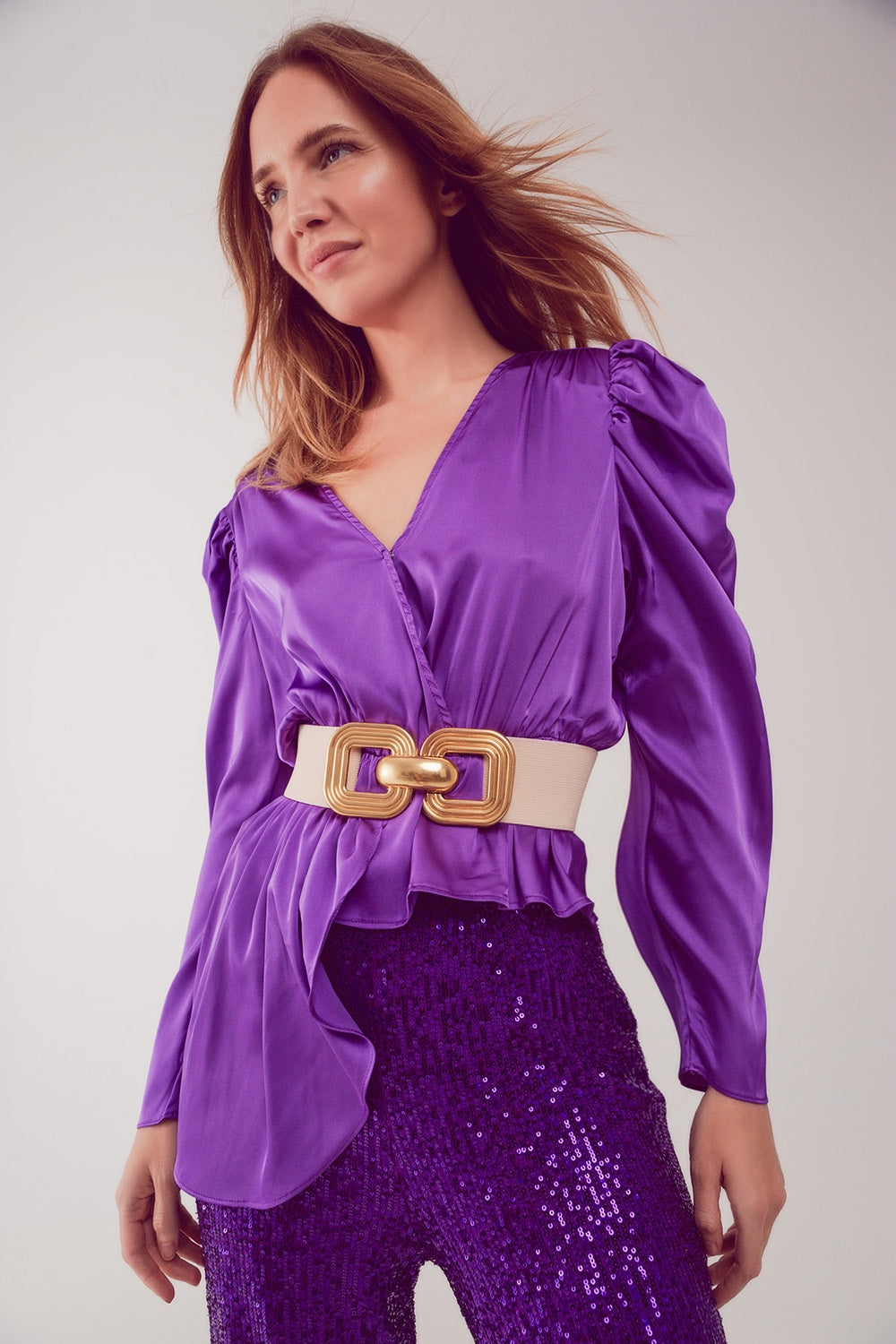 Asymmetric puff sleeve blouse in purpleBlouses